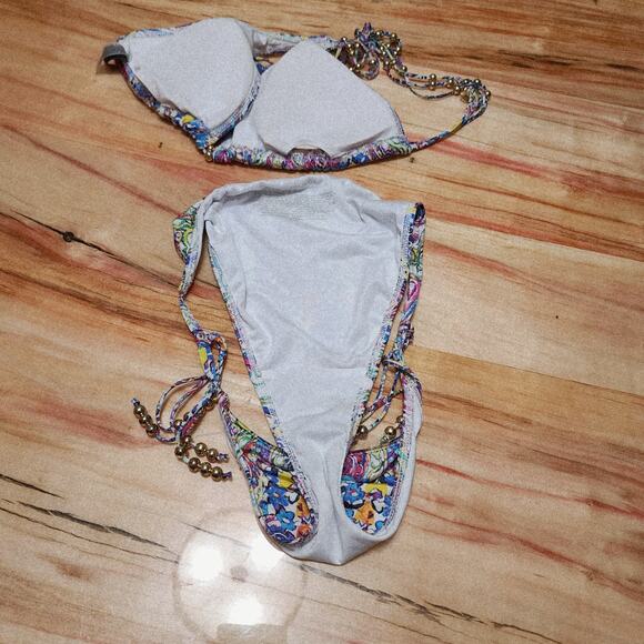 Victorias Secret Swimsuit Bikini Set Paisley Beaded Strappy Back Top L Bottom-S - Picture 7 of 16